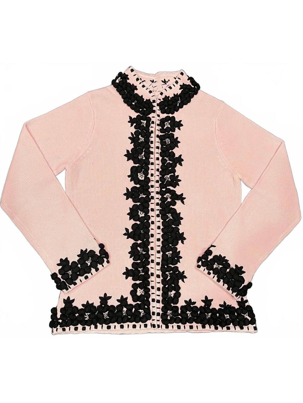 Victor Costa Occasion Pink Knit Cardigan with Black Floral Applique Sz XS